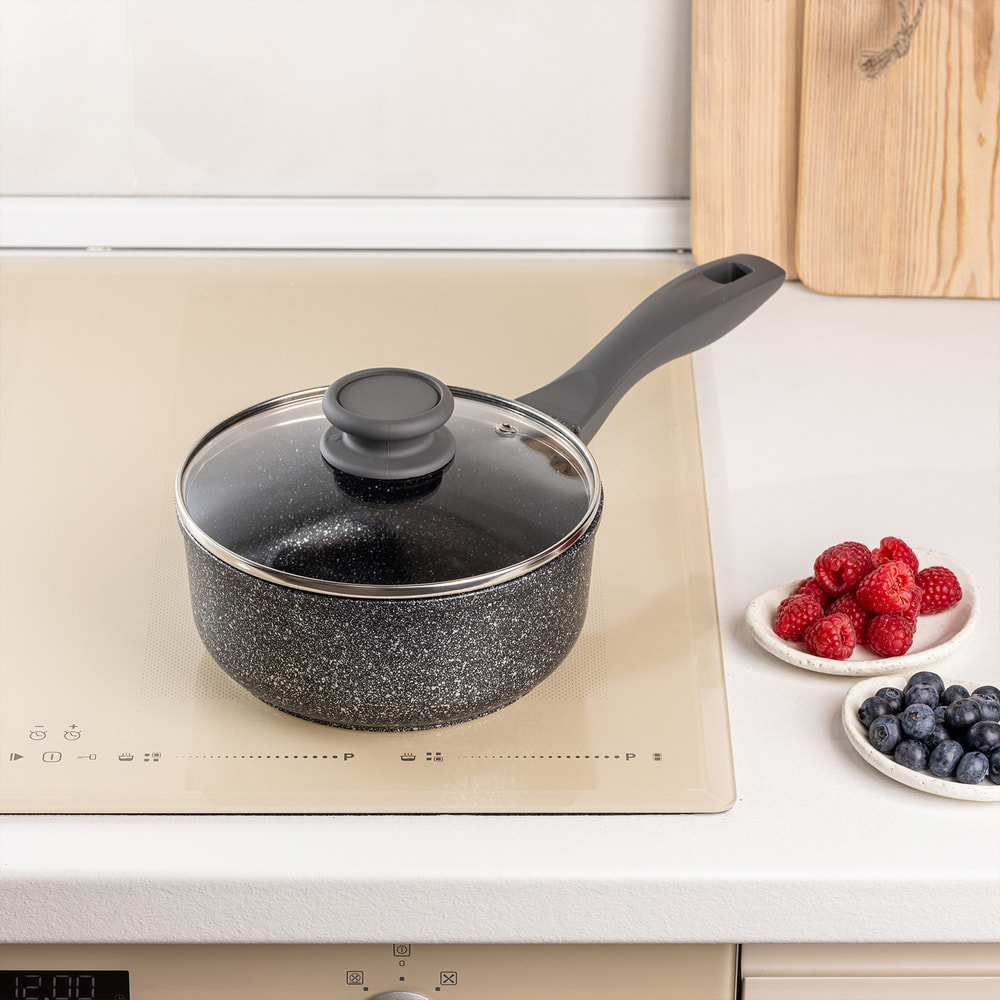 Ковш MAUNFELD GRETA MF18GRTT01SP из литого алюминия со стеклянной крышкой, 18 см, 1,6 л